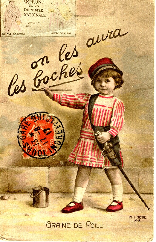 Old French patriotic postcard of a child with a flag