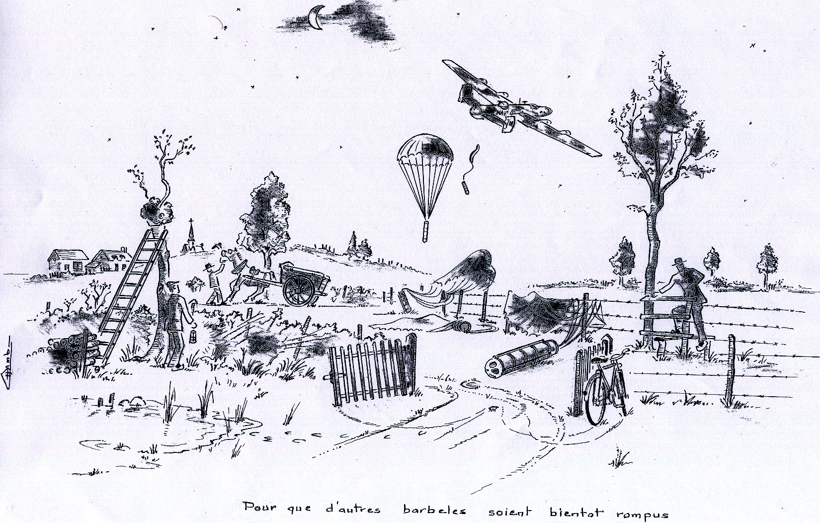 Pen and ink sketch of a plane crash and parachute over a French village