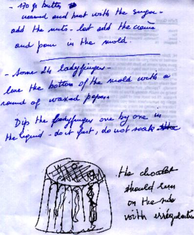 Handwritten recipe page with a sketch of a cake
