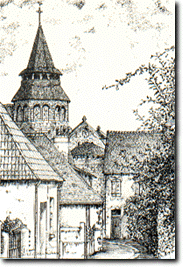 Pen and ink drawing of a French village church