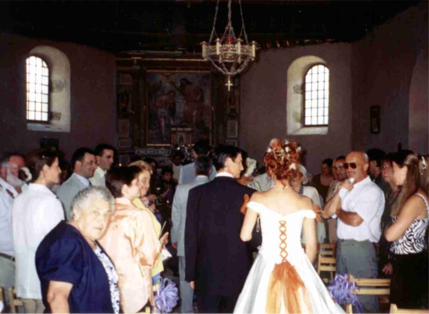 A wedding ceremony inside a village church