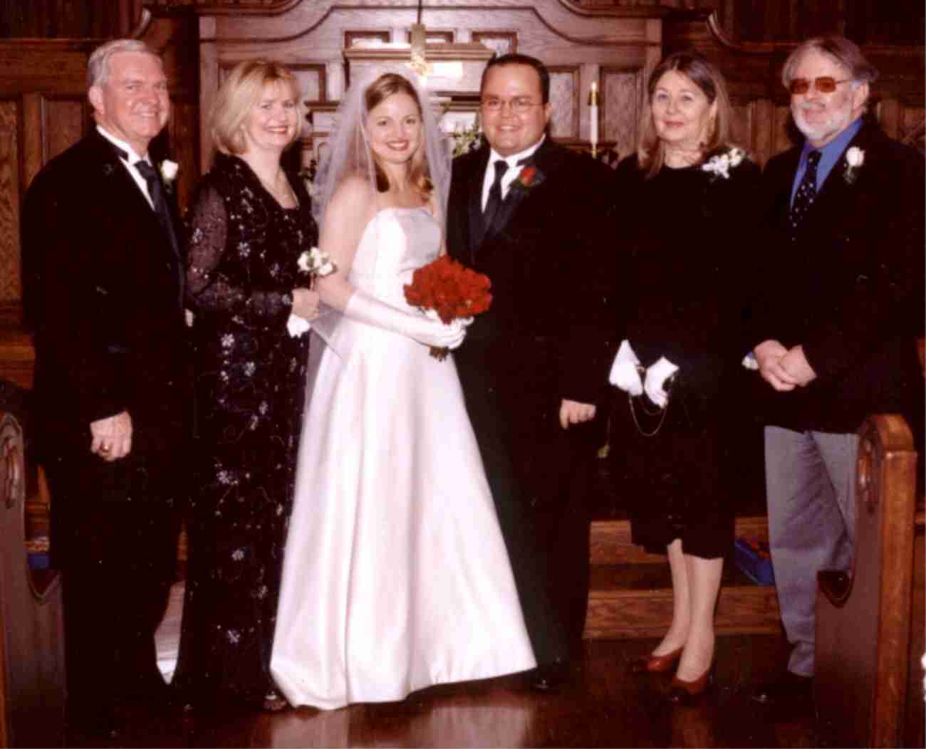 Left to right: David, father of the bride, my sister T.D., Mrs. and Mr. Jason Creel, Claude et moi.