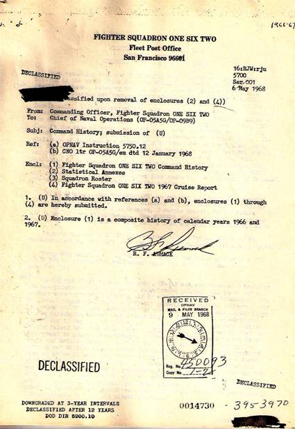 Cover sheet for the 1967 Command History of VF-162—Chuck Rice’s fighter squadron.