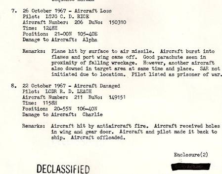 The U.S. Navy report of Chuck Rice's shoot-down. (No.7) John McCain was in the other aircraft downed at the same time.